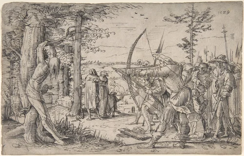 The King's Sons Shooting at Their Father's Corpse by anonymous, drawing, 1500-1600