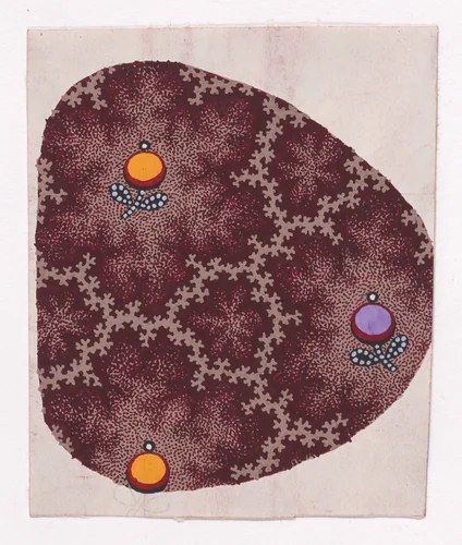 Textile Design with Alternating Rows of Circular Flower Buds on Stems with Two Leaves and Decorated by Pearls Framed with Garlands of Branches by anonymous, drawing, 1840