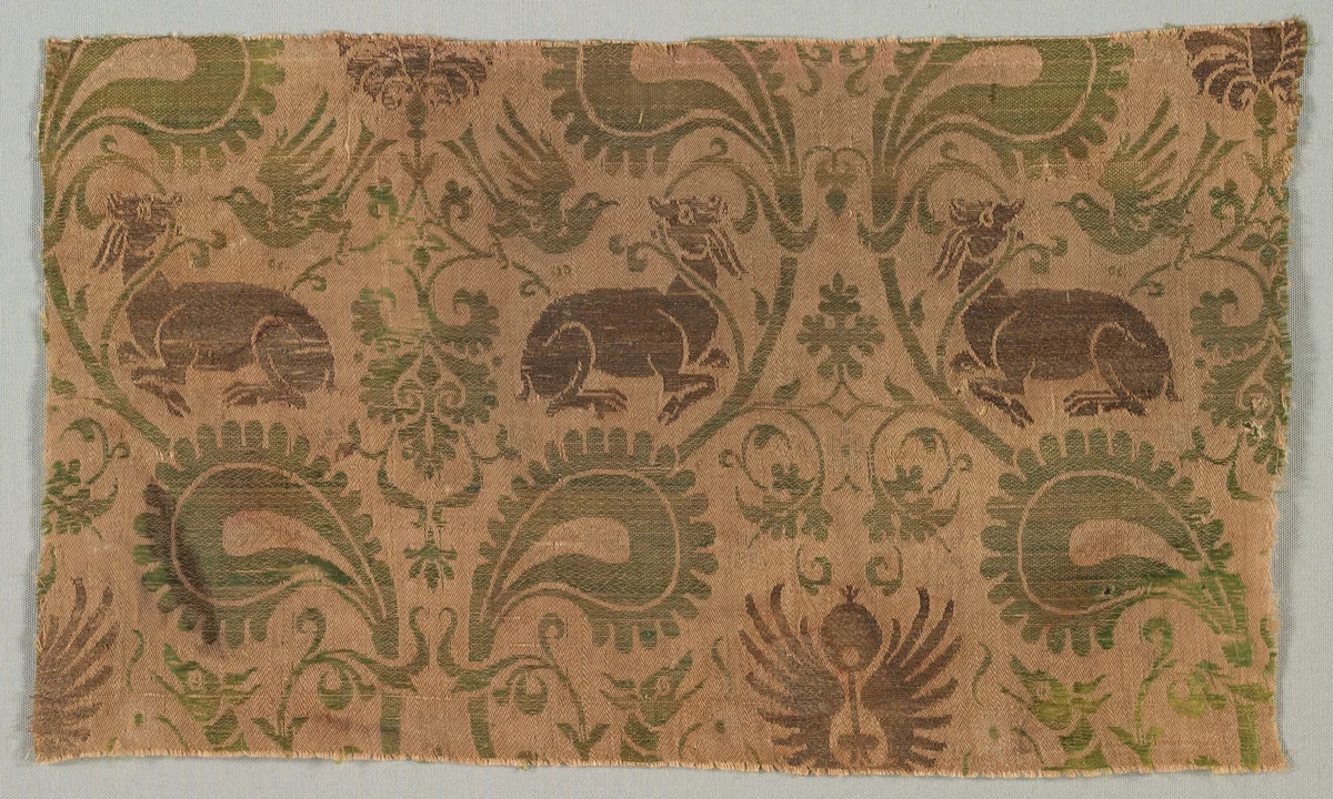 Silk with Dogs and Birds amid Vines by Unknown, textile, 1350-1400
