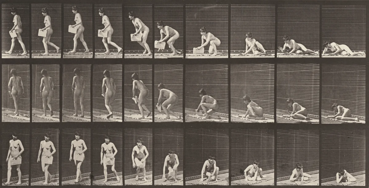 Plate Number 269. Arising from the ground with a newspaper in left hand by Eadweard Muybridge, photograph, 1887