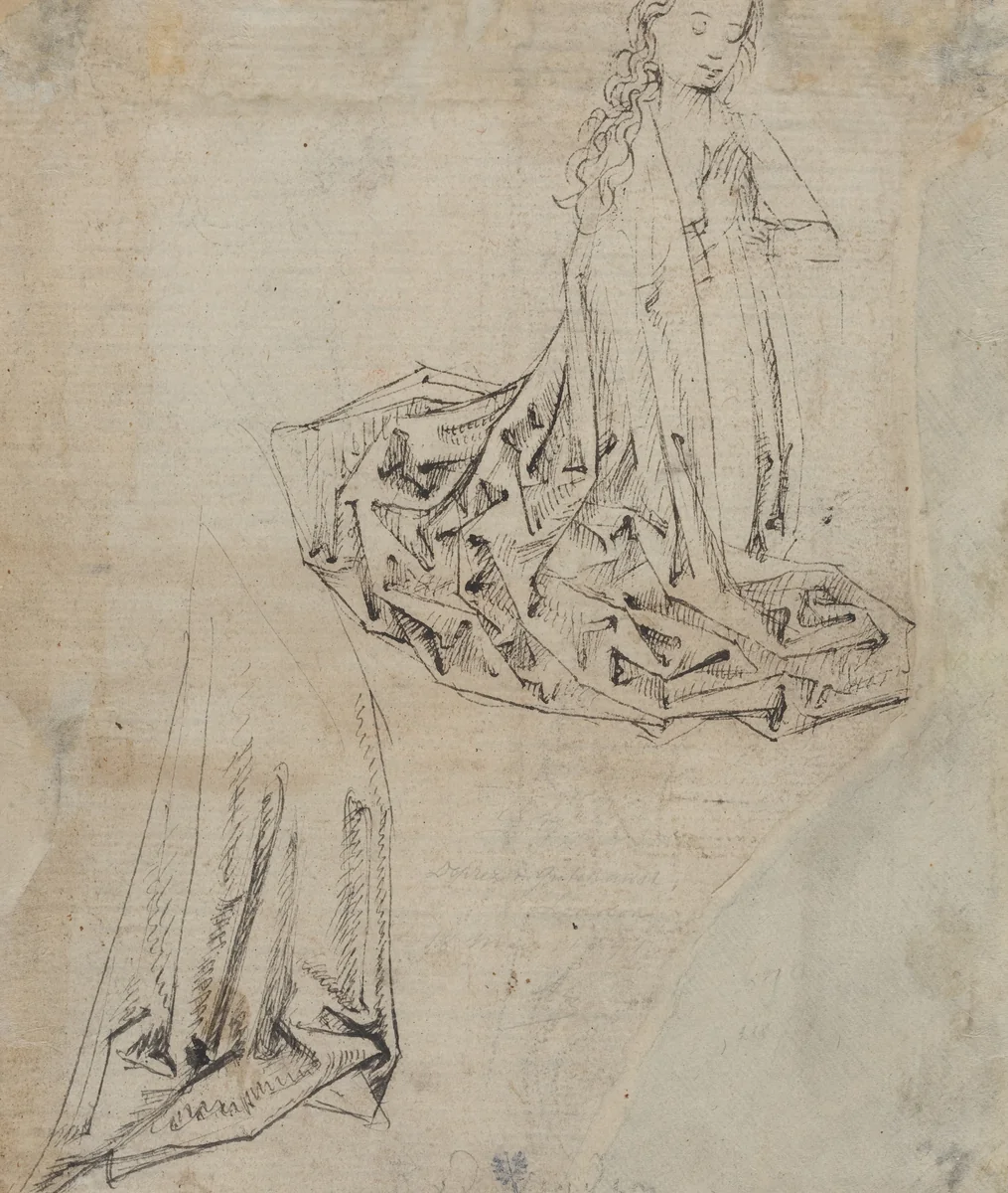 Female Figure Kneeling in Prayer [verso] by Master of the Drapery Studies, drawing, 1490