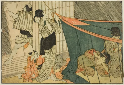 Women Inside a Mosquito Net During a Thunderstorm, from the illustrated book "Picture Book: Flowers of the Four Seasons (Ehon shiki no hana)," vol. 1 by Kitagawa Utamaro (喜多川歌麿), print, 1801