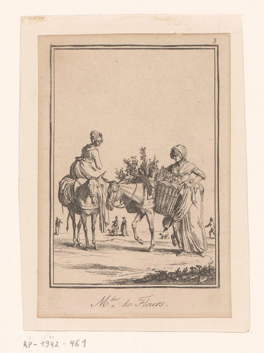 Bloemenverkoopsters op ezels by Jean Duplessis-Bertaux, print, 1760-1818