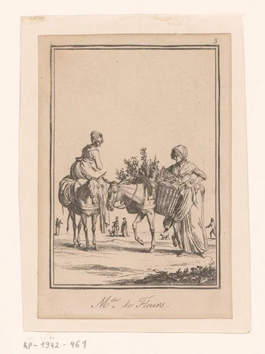 Bloemenverkoopsters op ezels by Jean Duplessis-Bertaux, print, 1760-1818