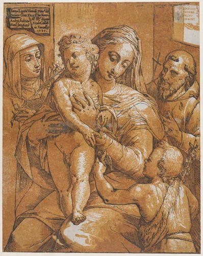 The Virgin and Child with St. John the Baptist, St. Francis, and St. Catherine of Siena by Andrea Andreani, print, 1585