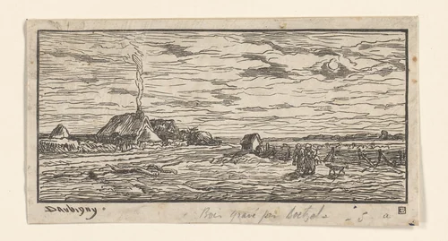 Vlak landschap met boerderijen by Ernest Boetzel, print, 1865-1920