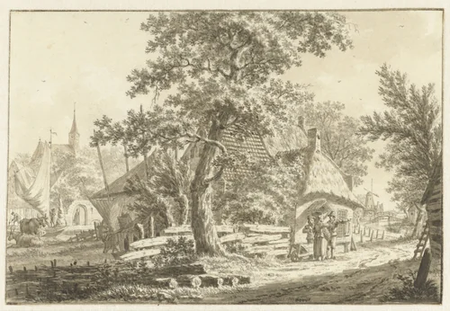 Dorpsgezicht met enkele personen voor een huis by Jacob Cats, drawing, 1751-1799