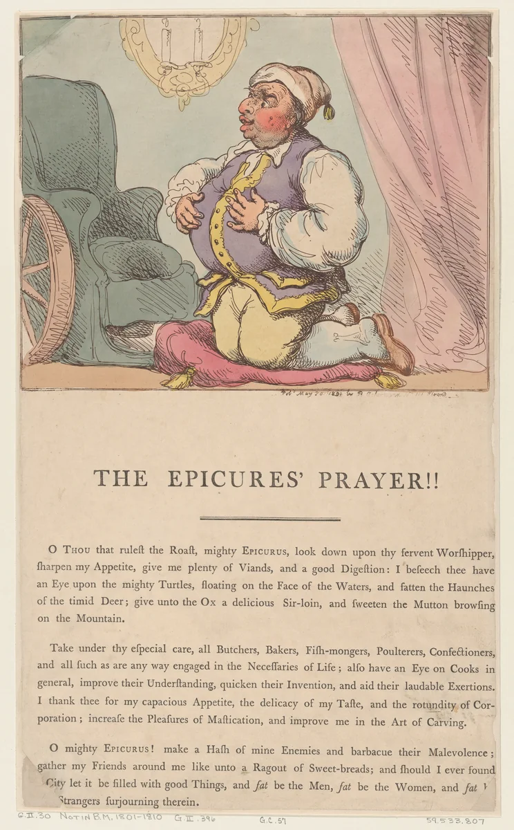 The Epicure's Prayer!! by Thomas Rowlandson, print, 1801