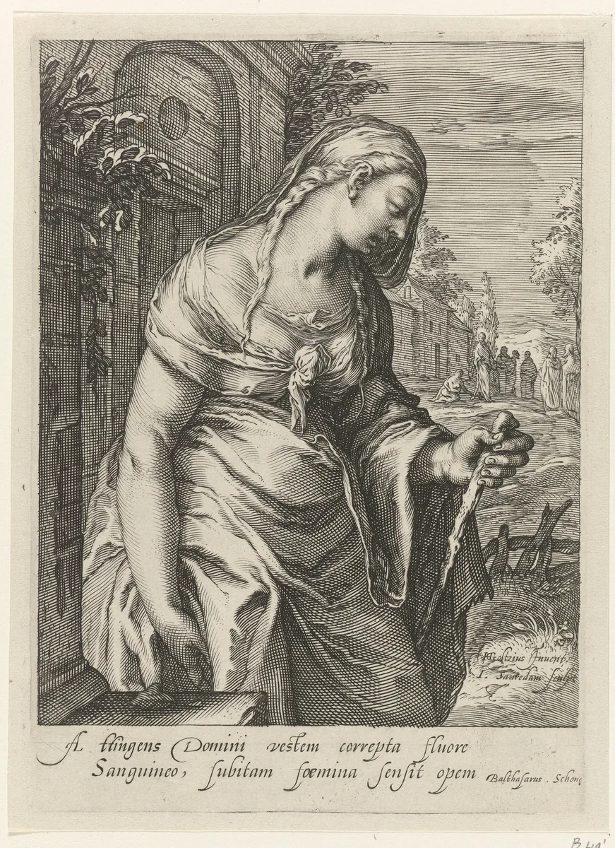 De bloedvloeiende vrouw by Unknown, print, 1575-1607