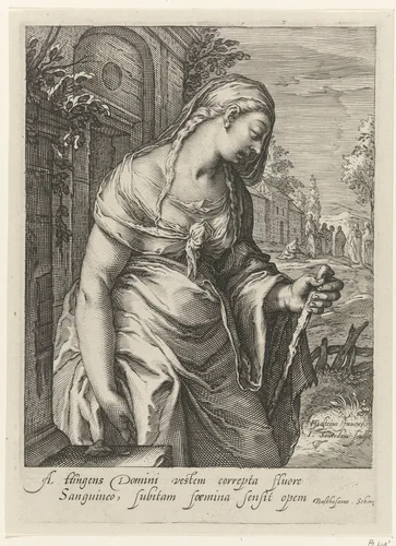 De bloedvloeiende vrouw by Unknown, print, 1575-1607