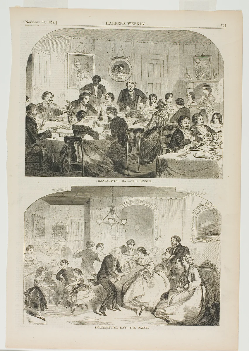 Thanksgiving Day—The Dinner and Thanksgiving Day—The Dance by Winslow Homer, print, 1858