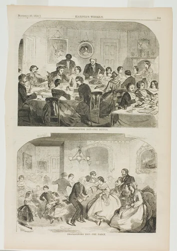 Thanksgiving Day—The Dinner and Thanksgiving Day—The Dance by Winslow Homer, print, 1858