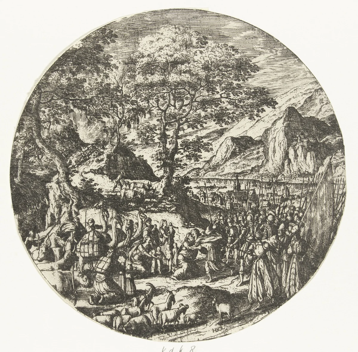 Verzoening tussen Esau en Jakob by Unknown, print, 1560-1593