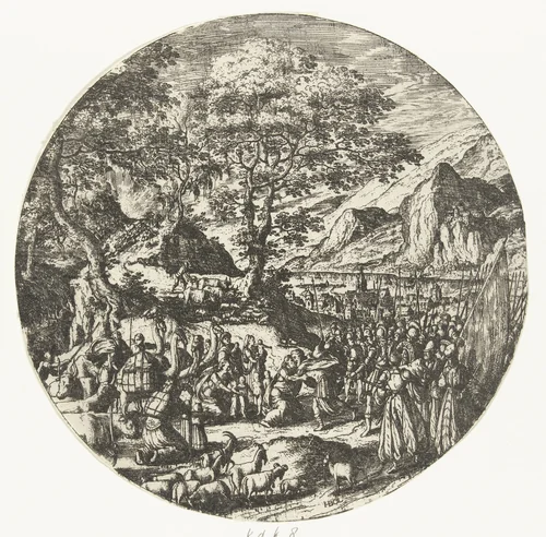 Verzoening tussen Esau en Jakob by Unknown, print, 1560-1593