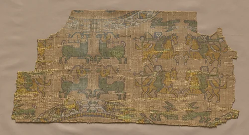 Samite fragment with hunters by Unknown, textile, 800-899