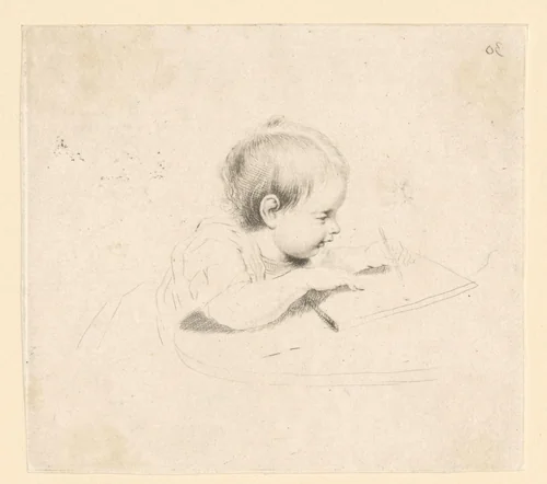 Tekenende peuter aan een tafel by Thomas Worlidge, print, 1710-1766