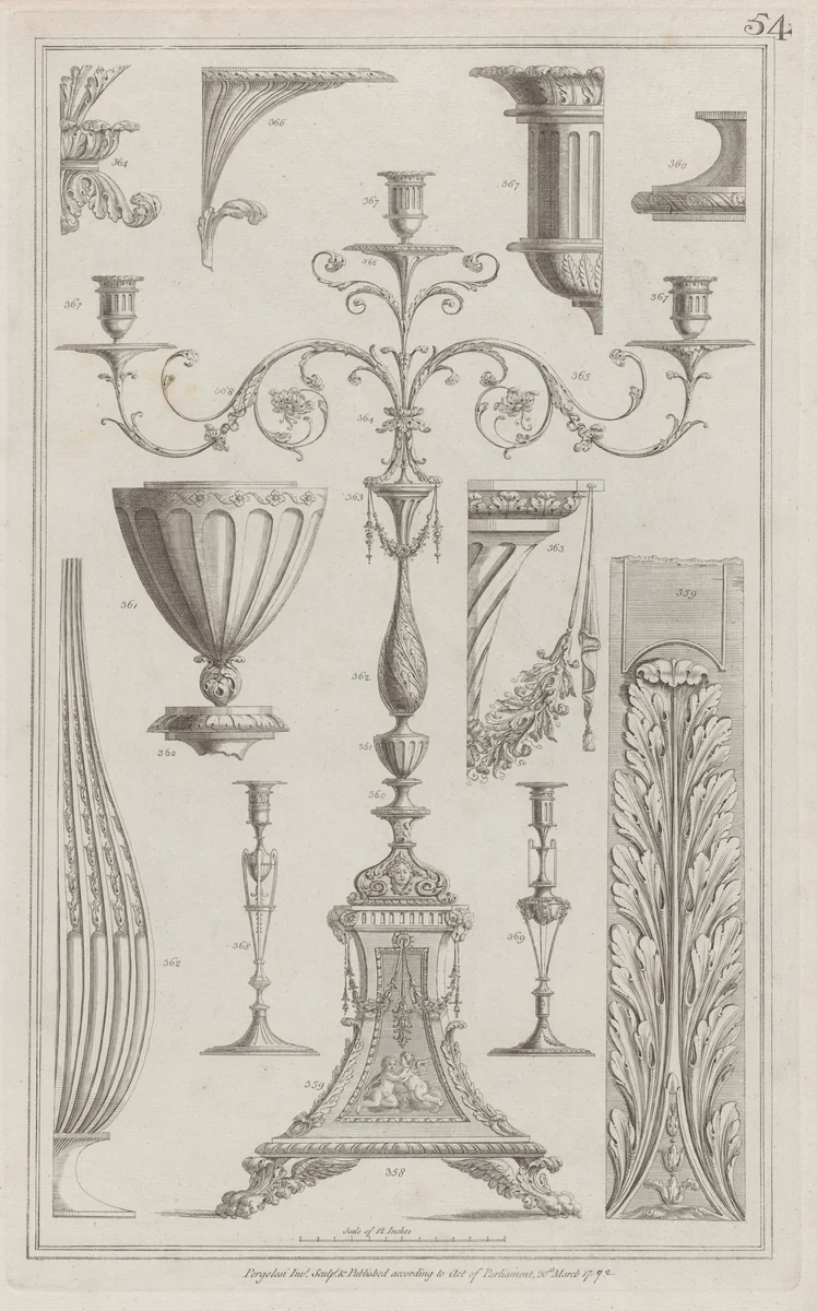 Candelabra, Vessels and Ornament, nos. 358–369, plate 54 from "Designs for Various Ornaments" by Michelangelo Pergolesi, print, 1792