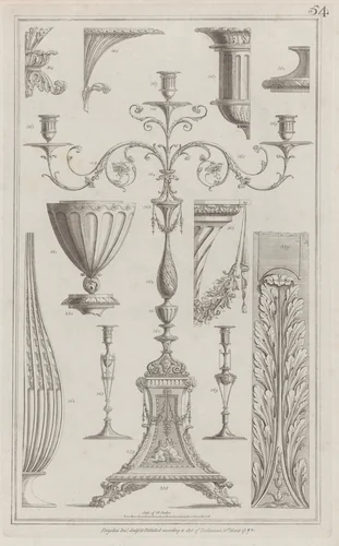 Candelabra, Vessels and Ornament, nos. 358–369, plate 54 from "Designs for Various Ornaments" by Michelangelo Pergolesi, print, 1792