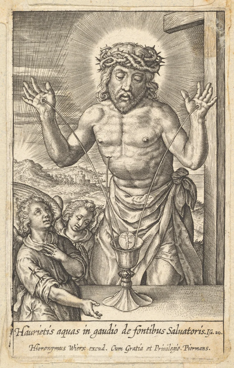 The Blood of the Redeemer Venerated by Two Angels by Hieronymus Wierix, print, 1553-1619