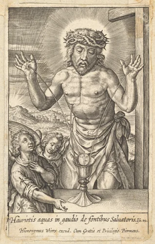 The Blood of the Redeemer Venerated by Two Angels by Hieronymus Wierix, print, 1553-1619