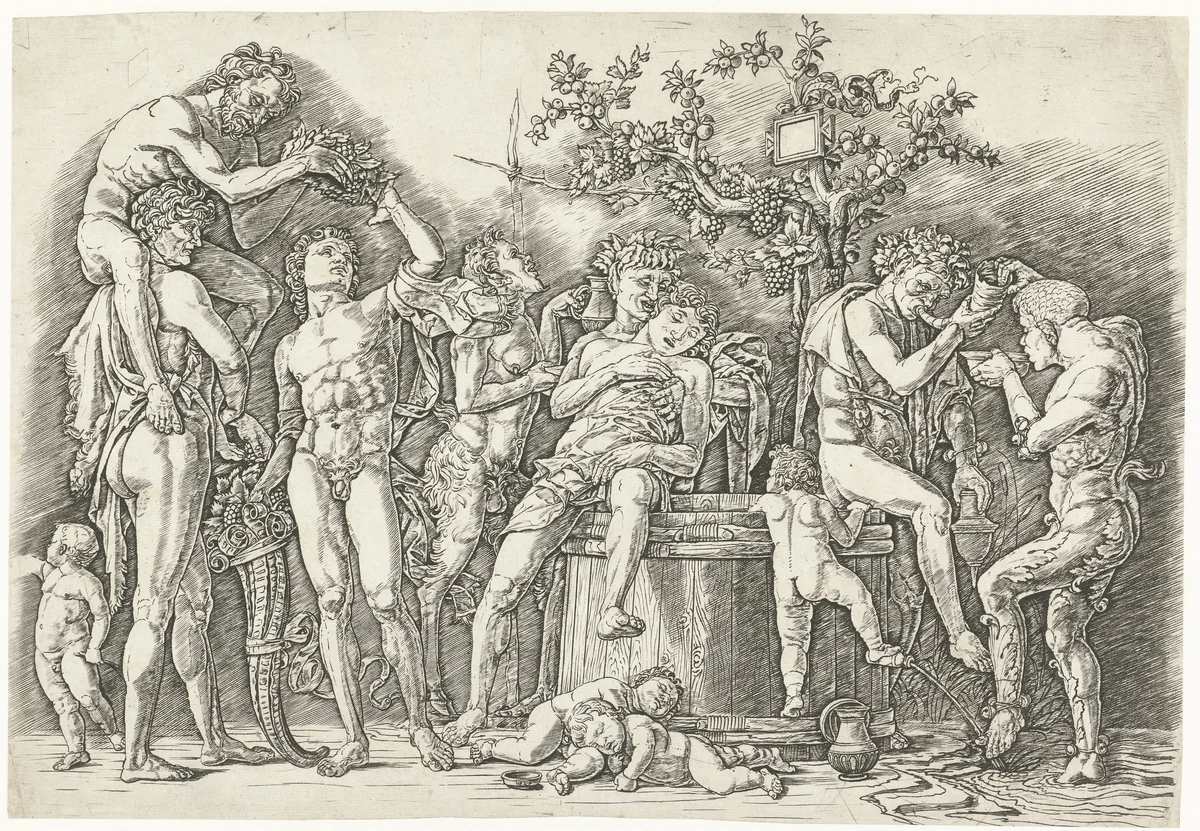 Bacchanaal met satyrs en bacchanten bij wijnpers by Andrea Mantegna, print, 1473-1477