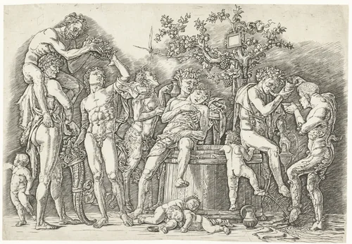Bacchanaal met satyrs en bacchanten bij wijnpers by Andrea Mantegna, print, 1473-1477