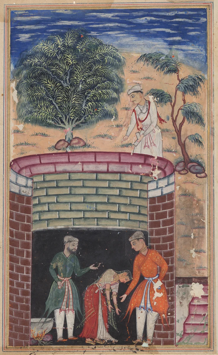 The daughter of the king of the jinns bows before the King of Kings who has just undergone the ordeal of passing through the boiling oil to emerge as a youth, from a Tuti-nama (Tales of a Parrot): Seventh Night by Unknown, painting, 1555-1565
