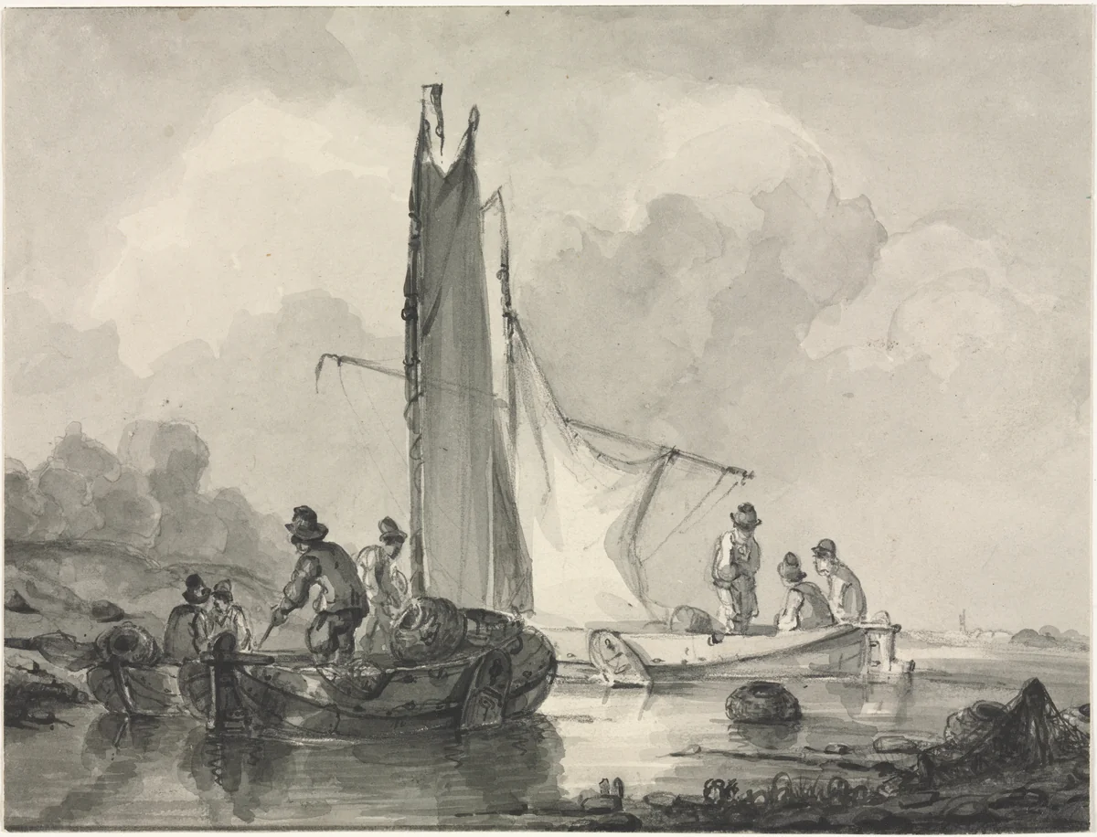 River Landscape with Fisherman and Three Boats by Albertus van Beest, drawing, 1830-1860
