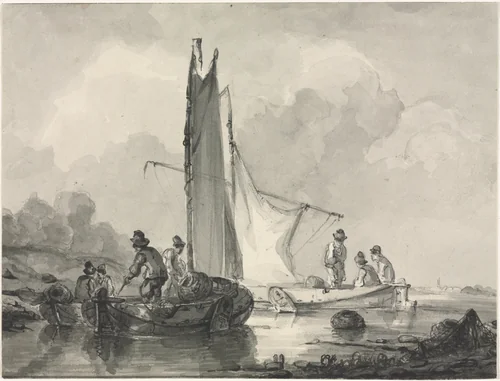 River Landscape with Fisherman and Three Boats by Albertus van Beest, drawing, 1830-1860