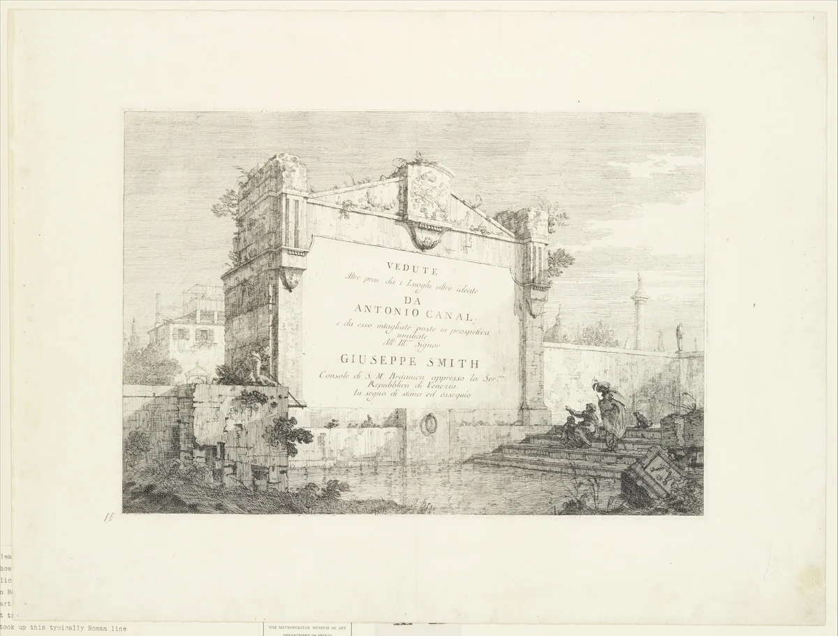 Title page with a large wall of a classical ruin, with a figure seated at right pointing to the dedication, from "Views" (Vedute altre prese da i luoghi altre ideate da Antonio Canal) by Canaletto, print, 1735-1746
