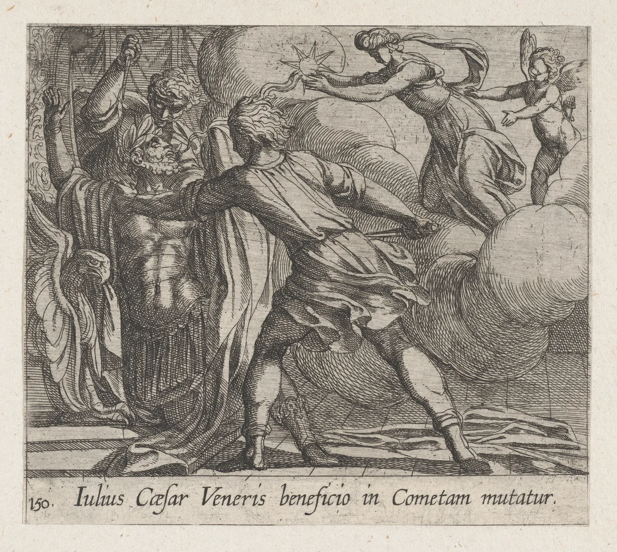 The Murder of Julius Caesar (Iulius Caesar Veneris beneficio in Cometam mutatur), plate 150 from Ovid's "Metamorphoses" by Antonio Tempesta, print, 1606