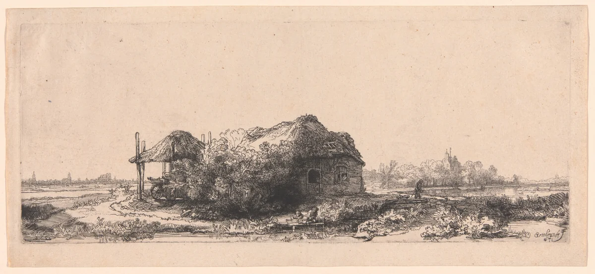 Landscape with Cottages and a Hay Barn: Oblong by Rembrandt van Rijn, print, 1641