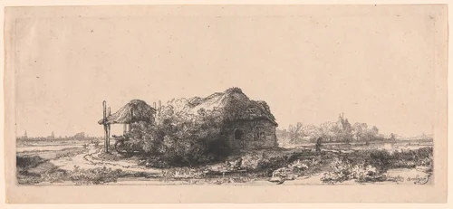 Landscape with Cottages and a Hay Barn: Oblong by Rembrandt van Rijn, print, 1641