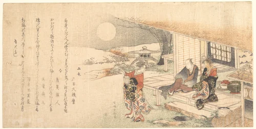Young Lady with Lamp; Man and Woman on Veranda of Tea-House by Katsushika Hokusai (葛飾 北斎), print, 1760-1849