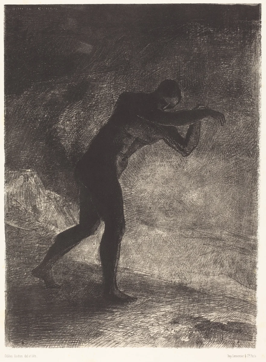 Et l'homme parut, interrogeant le sol d'ou il sort et qui l'attire, il se fraya la voie vers (And Man appeared; questioning theearth from which he emerged and which attracts hi m, he made his way toward somber brightness) by Odilon Redon, print, 1883