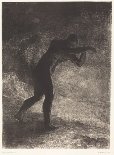 Et l'homme parut, interrogeant le sol d'ou il sort et qui l'attire, il se fraya la voie vers (And Man appeared; questioning theearth from which he emerged and which attracts hi m, he made his way toward somber brightness) by Odilon Redon, print, 1883