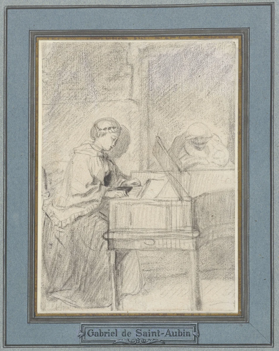 Jonge vrouw aan een clavecimbel by Gabriel Jacques de Saint-Aubin, drawing, 1734-1780