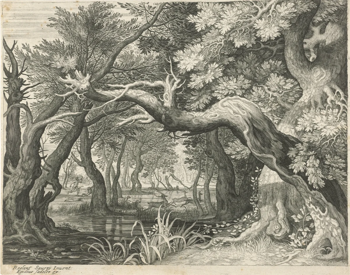 Hertenjacht bij een bosmeer by Aegidius Sadeler, print, 1597-1629