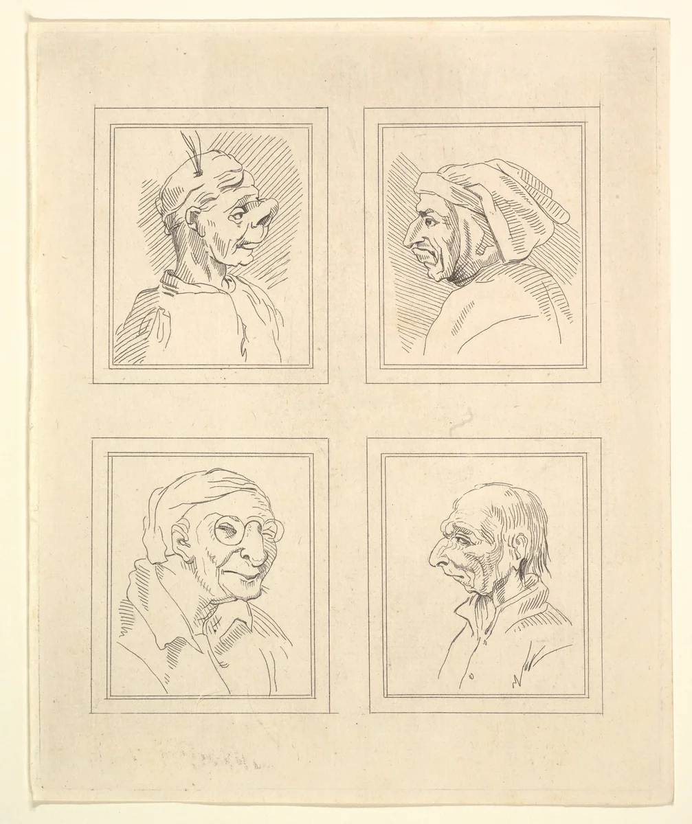 Four Heads (from Characaturas by Leonardo da Vinci, from Drawings by Wincelslaus Hollar, out of the Portland Museum) by Wenceslaus Hollar, print, 1786