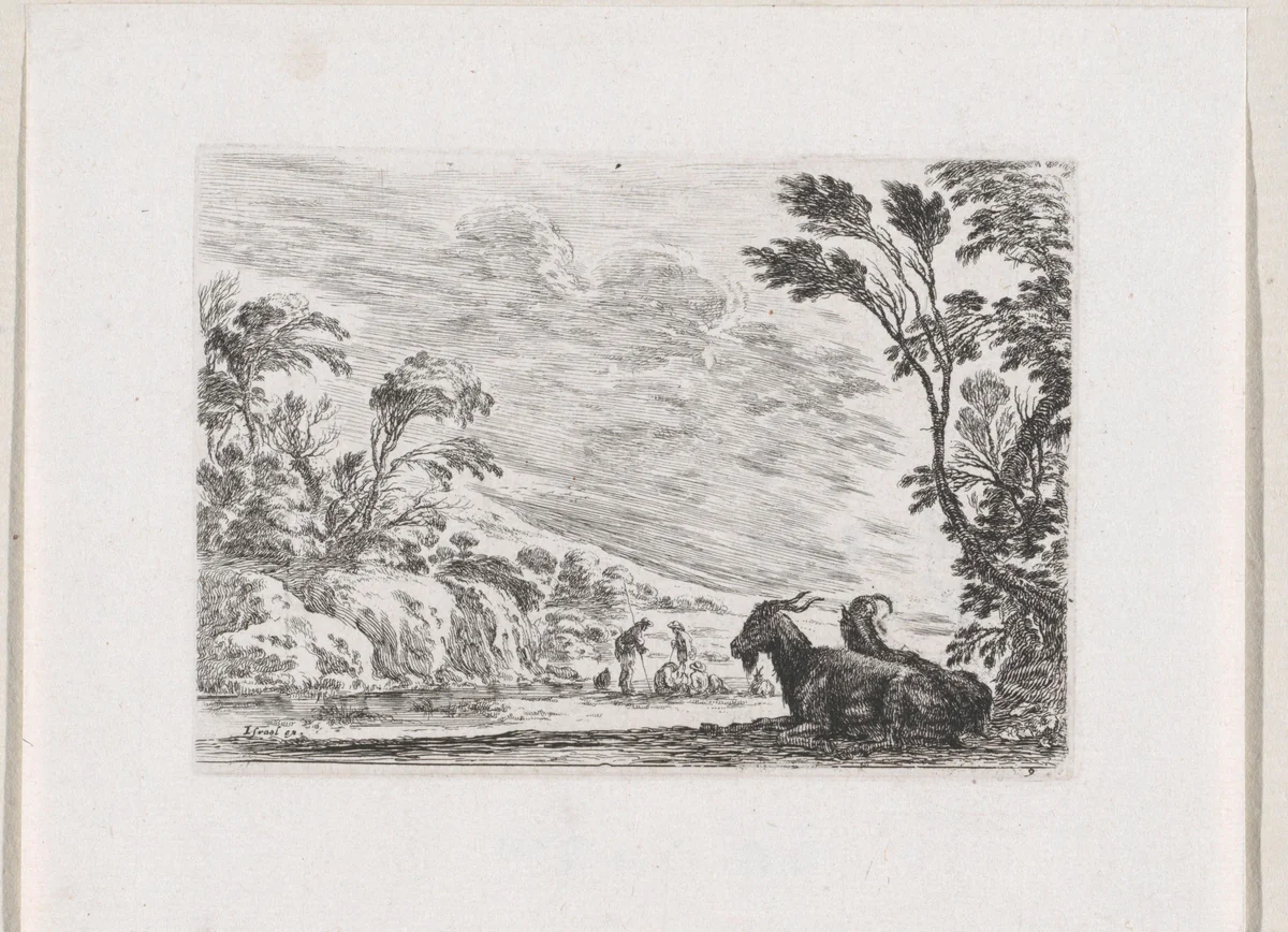 Geiten in een landschap met herders by Stefano della Bella, print, 1642