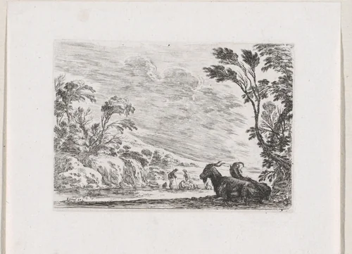 Geiten in een landschap met herders by Stefano della Bella, print, 1642