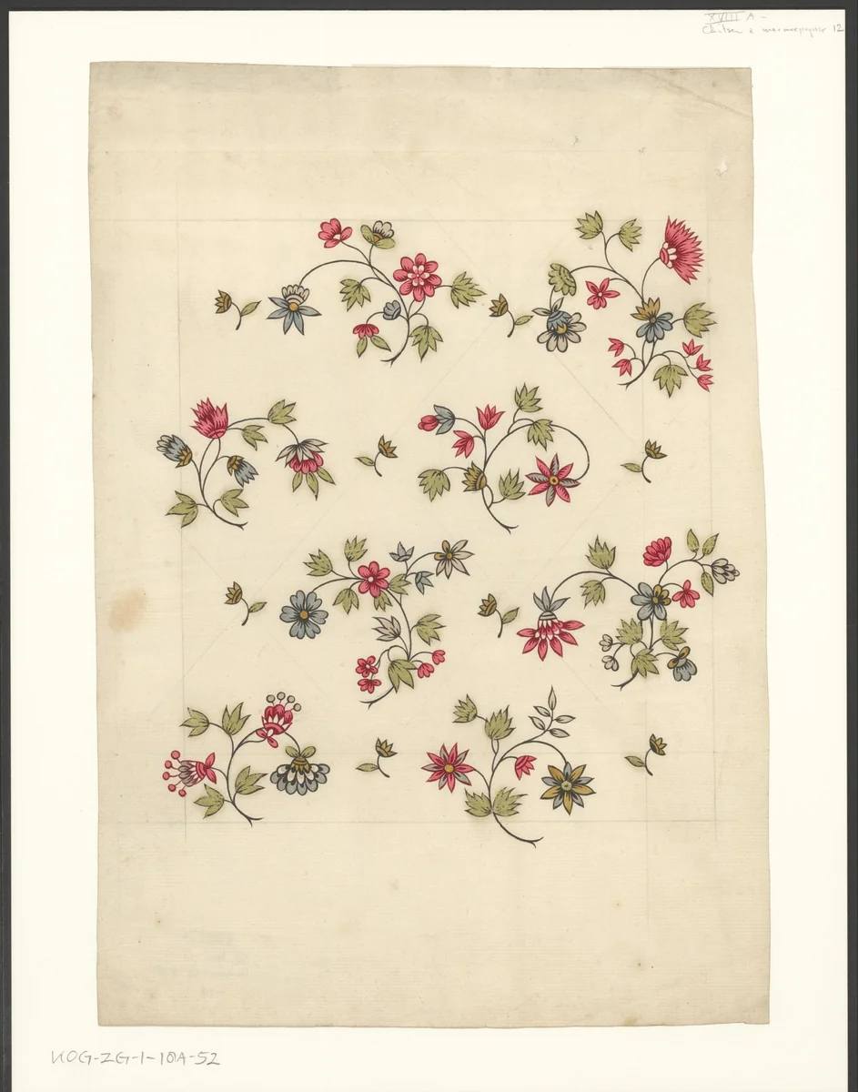 Ontwerp voor een sits met bloemen en takken by anonymous, drawing, 1750-1799