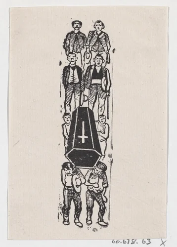 A group of men carrying a coffin with a cross by José Guadalupe Posada, print, 1875-1885