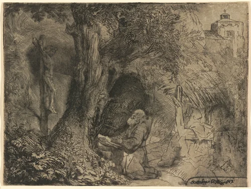 Saint Francis beneath a Tree Praying by Rembrandt van Rijn, print, 1657