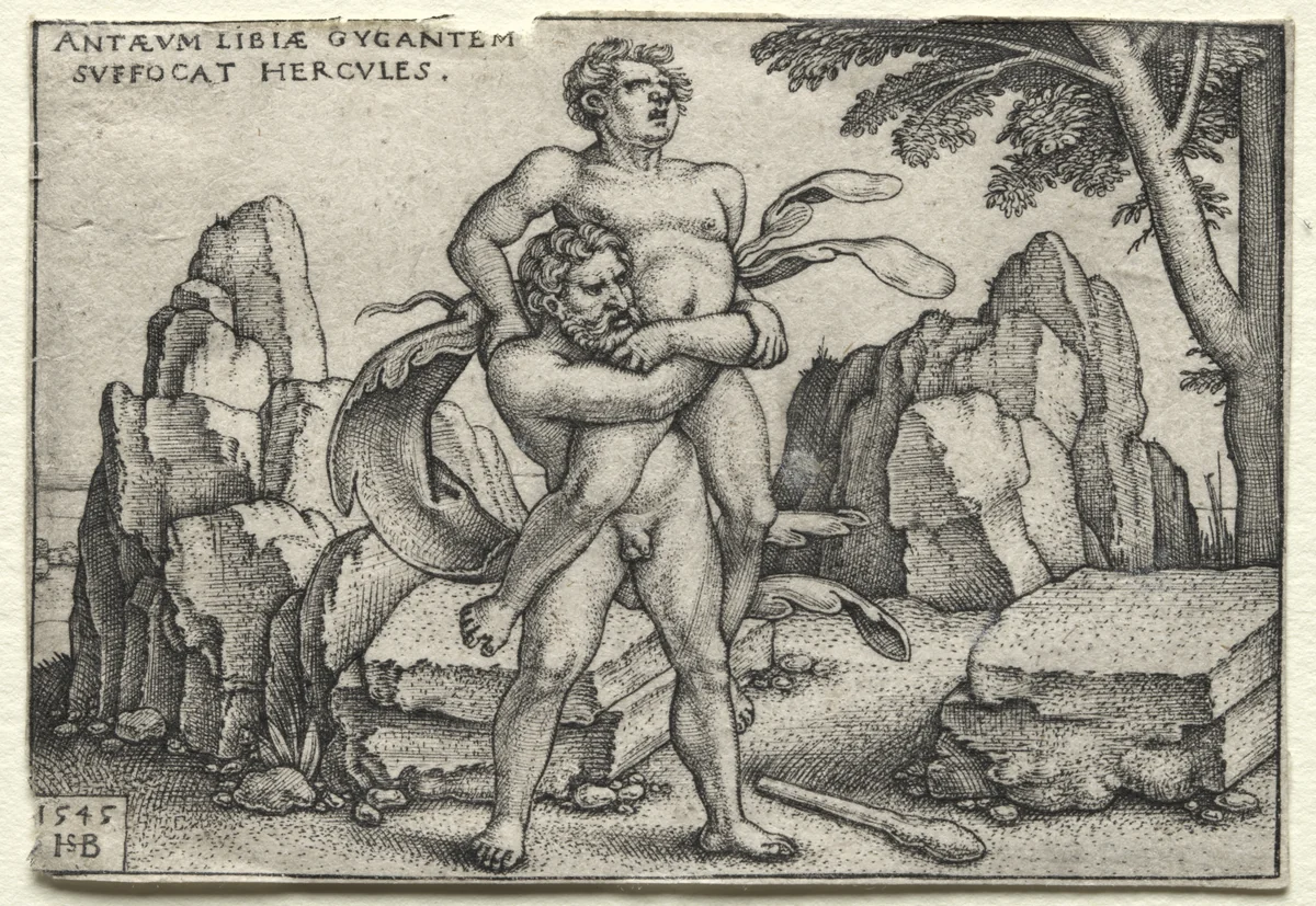 The Labors of Hercules: Hercules Crushing Antaeus by Hans Sebald Beham, print, 1545