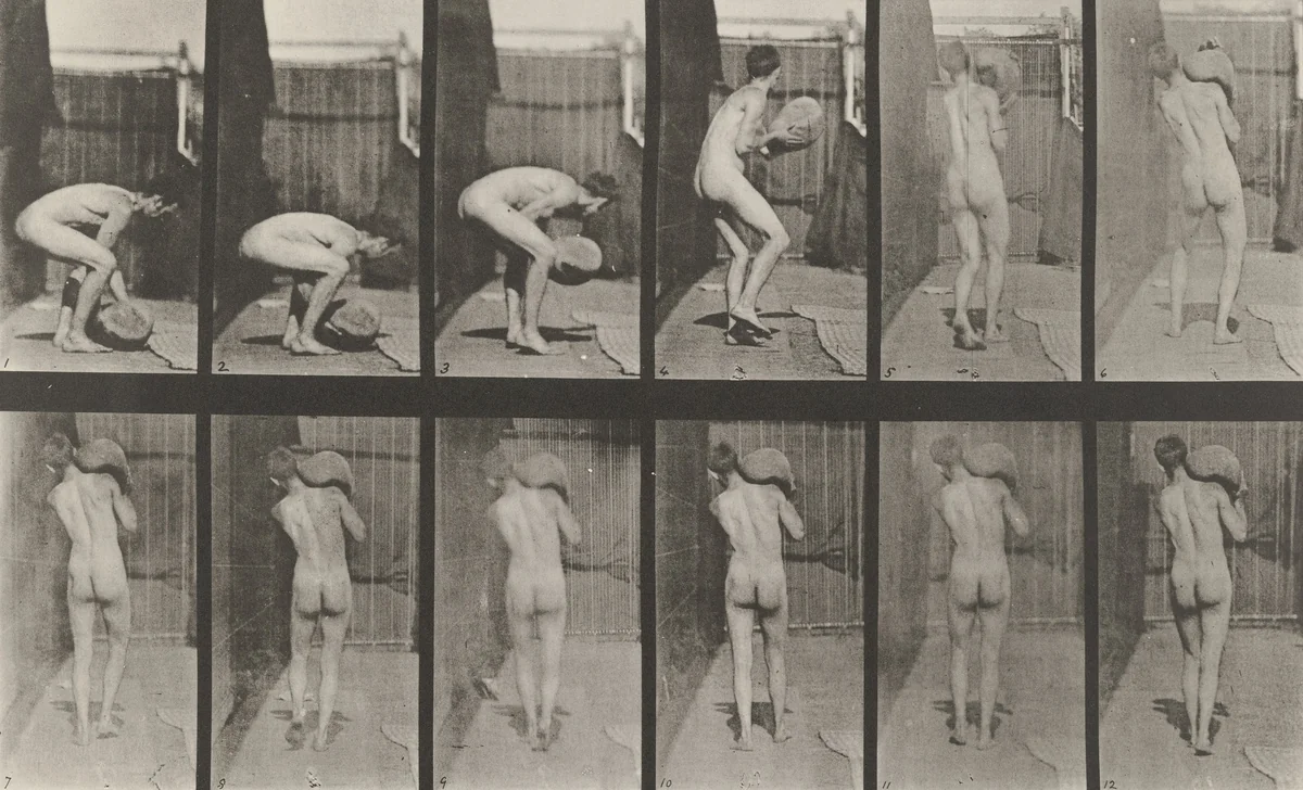 Man Lifting 75-lb. Stone on Shoulder: Plate 397 from Animal Locomotion (1887) by Eadweard Muybridge, photograph, 1884