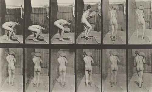 Man Lifting 75-lb. Stone on Shoulder: Plate 397 from Animal Locomotion (1887) by Eadweard Muybridge, photograph, 1884
