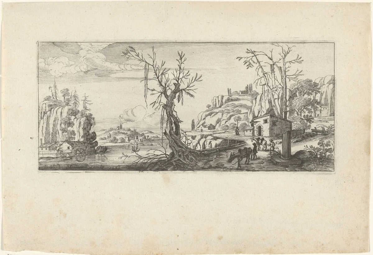 Landschap met reizigers met pakezels by Chaerles de Hooch, print, 1626