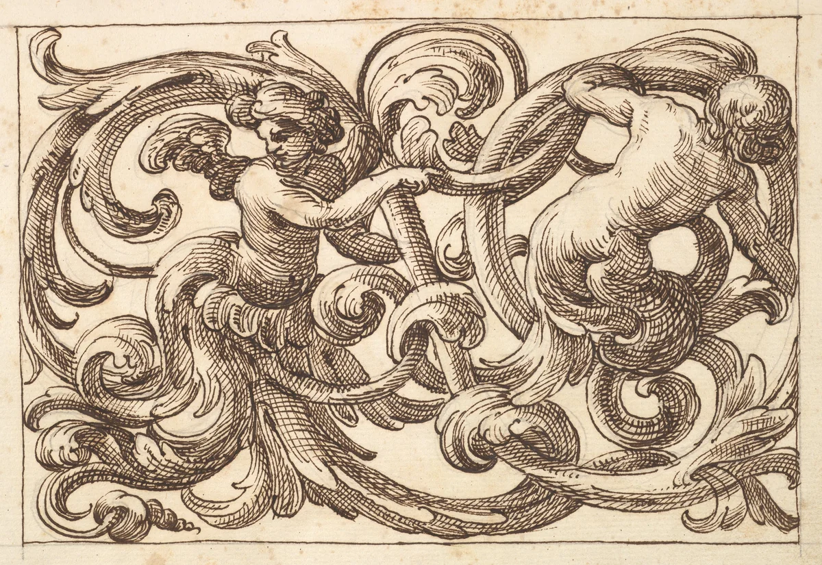 Horizontal Panel Design with Two Young Male Figures between Acanthus Rinceaux by anonymous, drawing, 1600-1650