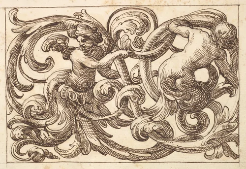 Horizontal Panel Design with Two Young Male Figures between Acanthus Rinceaux by anonymous, drawing, 1600-1650